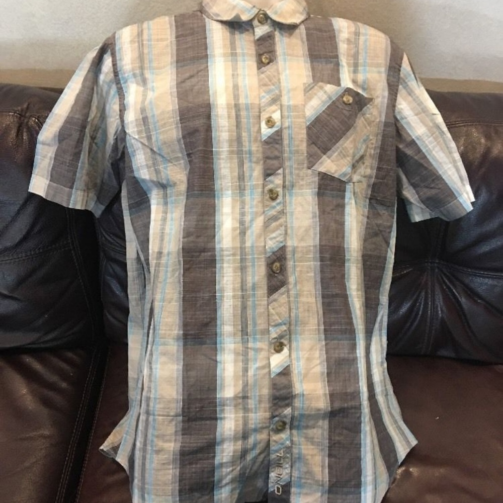 O'Neill Men's Plaid Short Sleeve Shirt M Tan Blue